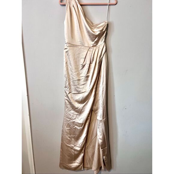 RSVP Sugar Lips One Shoulder Pleated Split Champagne dress - Picture 2 of 7
